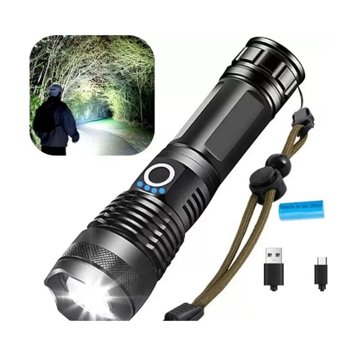 Linterna LED Táctica Recargable con Zoom