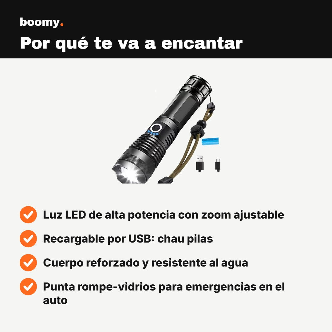 Linterna LED Táctica Recargable con Zoom